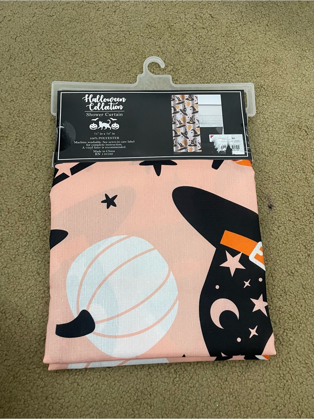 Halloween Collection Pumpkin Witch Shower Curtain - Peach, Black, Orange & White - Picture 3 of 5